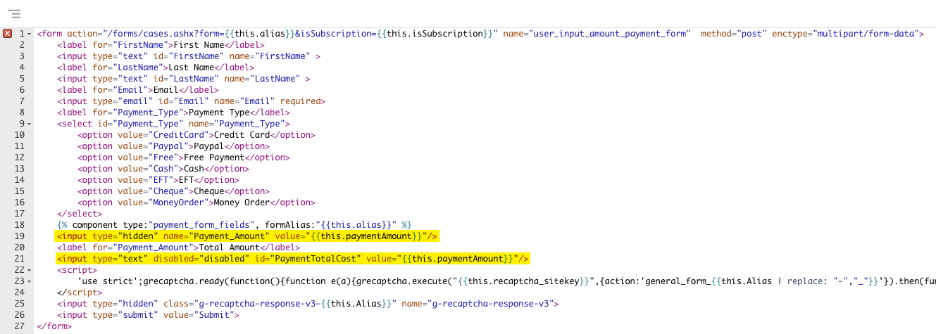 Default Payment Form Layout Code